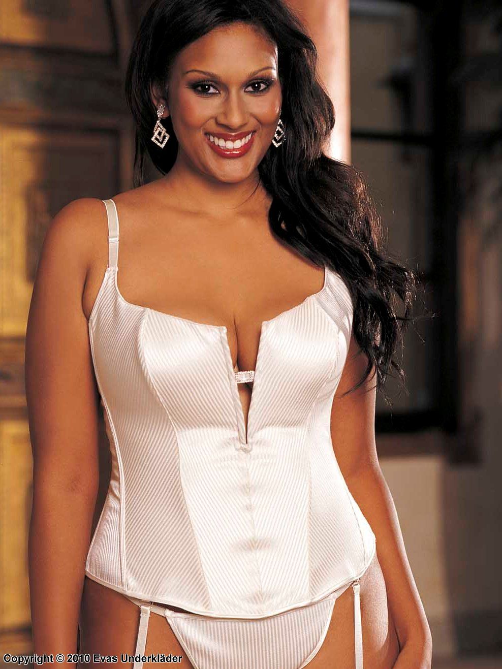 Corset in tapestry with plunging front, plus size